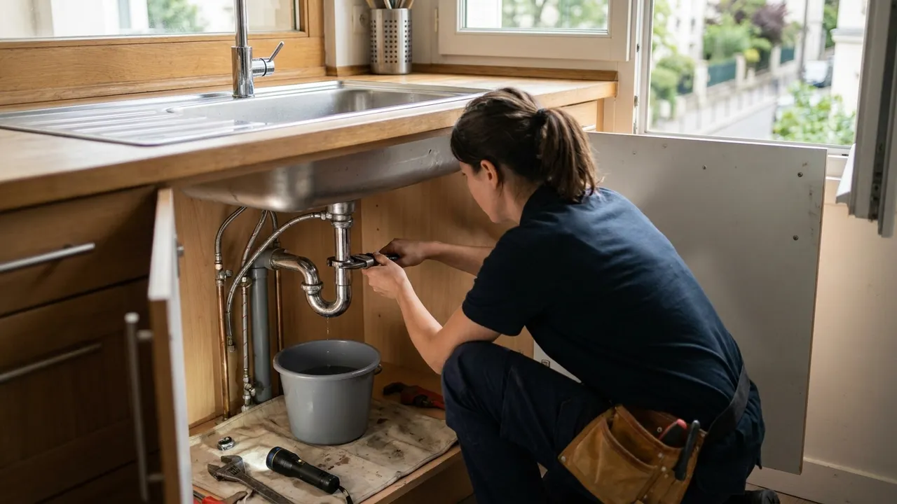Réparation d’un siphon qui fuit sous un évier de cuisine dans un appartement de Saint-Mandé